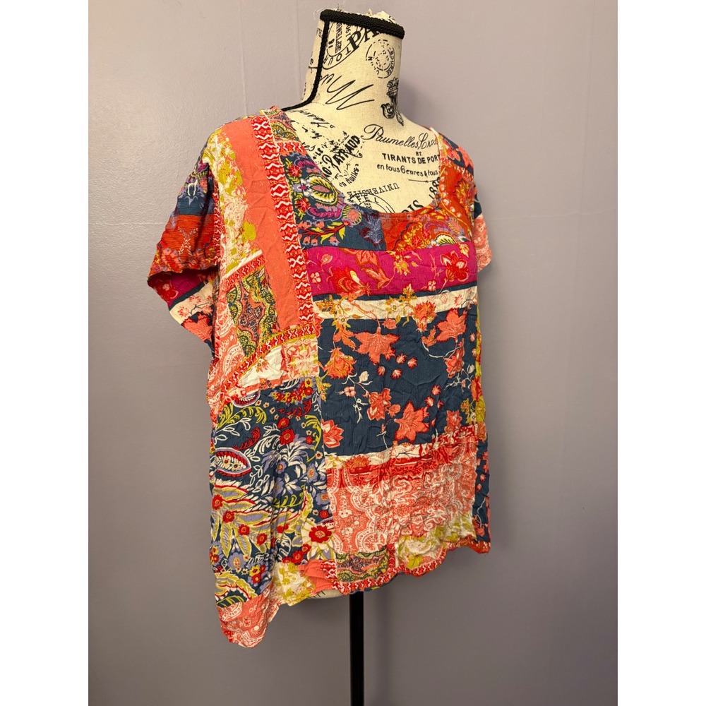 Boho Bright Vibrant Jones New York Patchwork Floral Paisley Button Back Top 1X